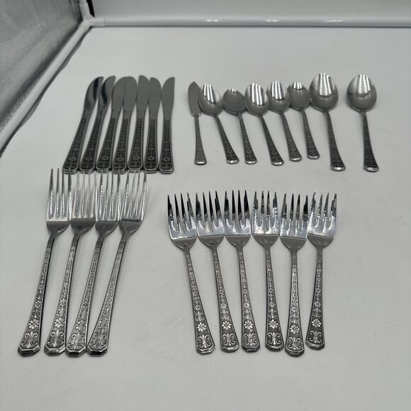 25Pc Interpur Stainless Korea FLORENZ 8-Petal Flower Design Flatware Forks Spoon - Picture 1 of 7
